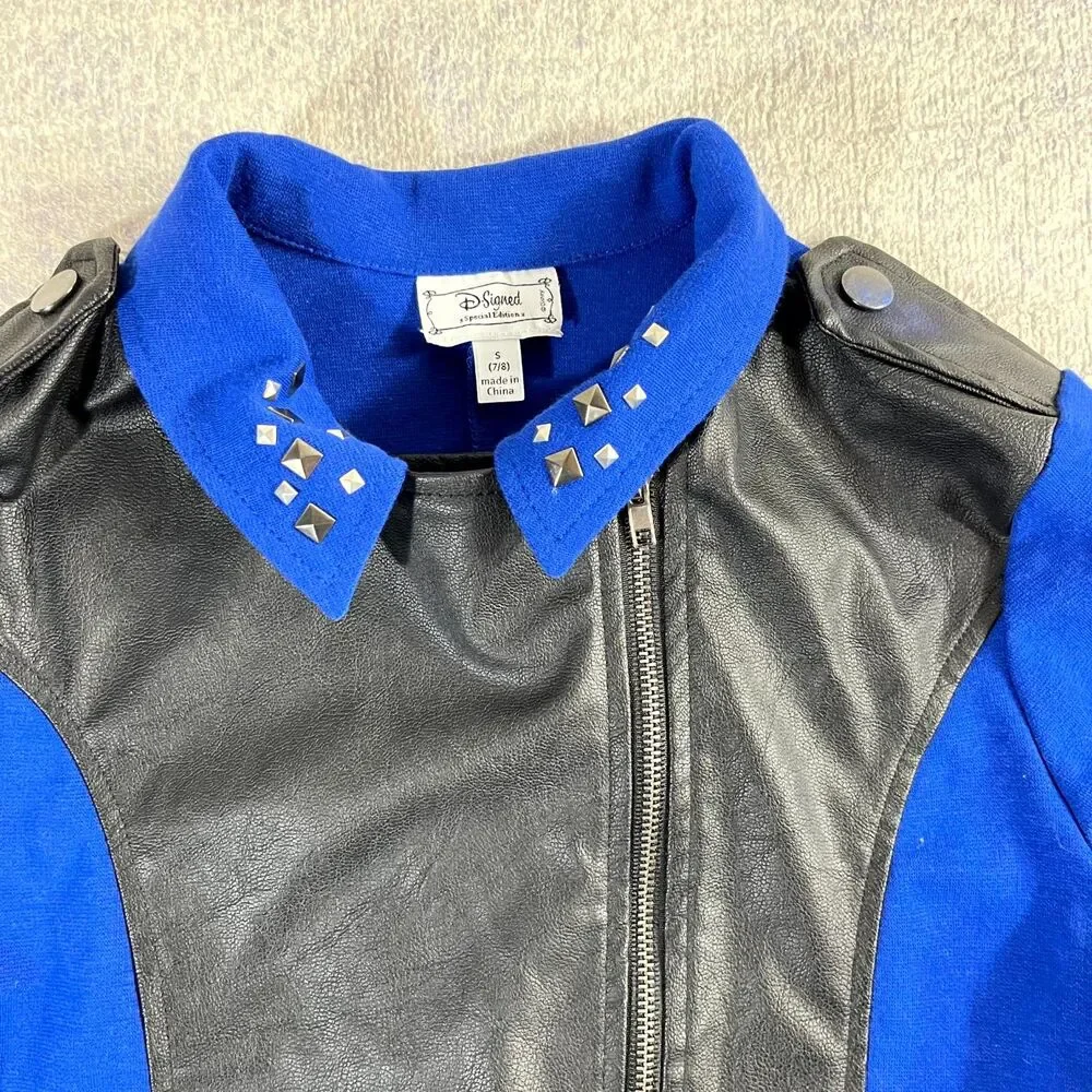 Disney Signed Special Edition Girls Blue Moto Jacket Size S‎ 7/8 Studded Collar